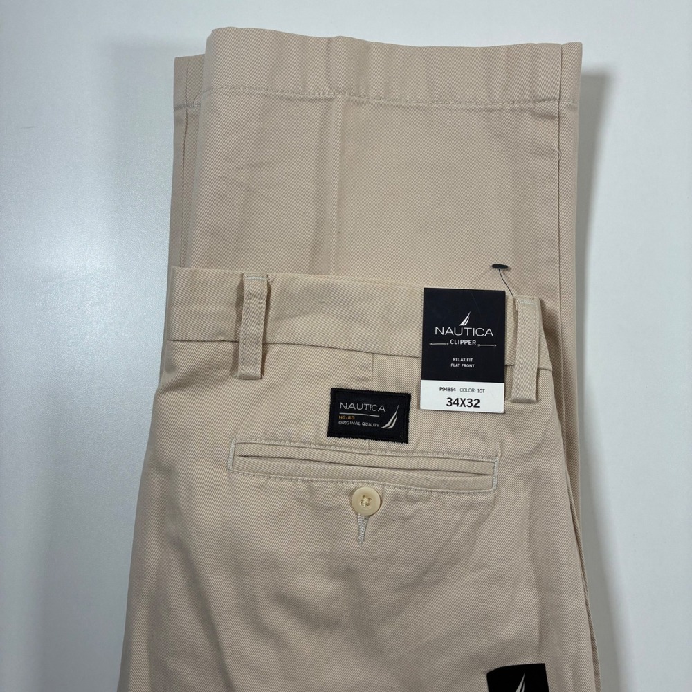 NEW Nautica Clipper Pants 34x32 Khaki Relaxed Fit Flat Front Chino READ